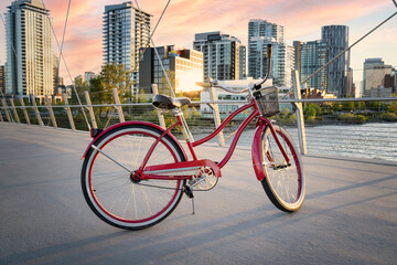 Calgary Alberta Canada, July 10 2021: A Huffy Cruiser bicycle parked on a downtown bridge pathway...
