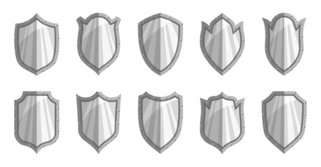 Shield silver shiny flat icon set. Vector antivirus armor logo guarantee sign protect. Heraldic symbol of game outfit. Vintage retro award badge shape. Medieval metal weapons. Privacy emblem on white