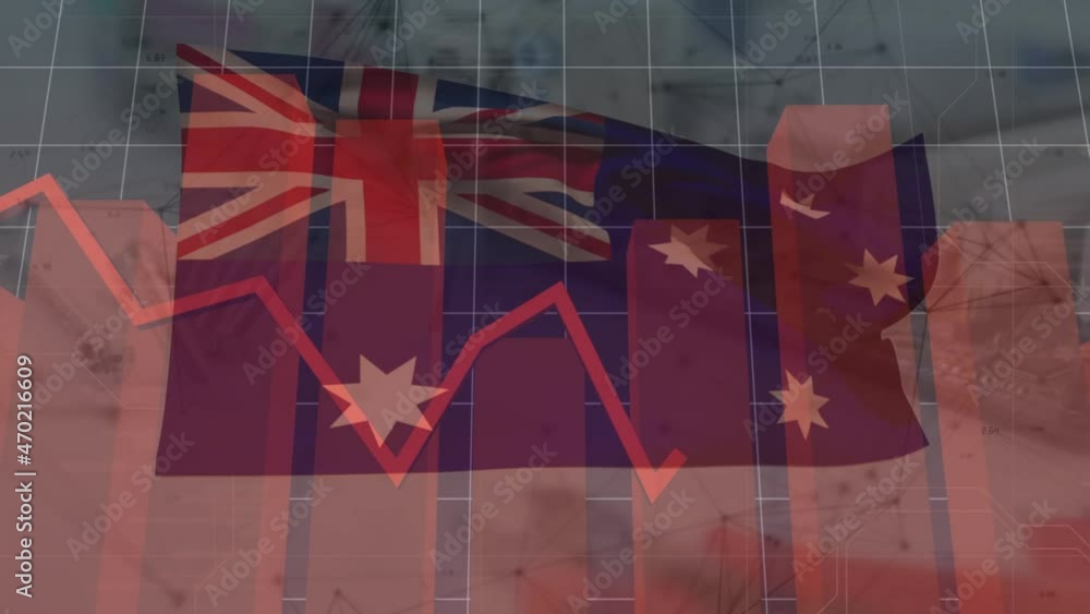 Poster animation of data processing and graphs over flag of australia on grey background
