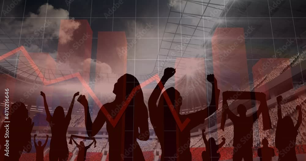 Aufkleber animation of red graphs and data processing over cheering fans at sports stadium