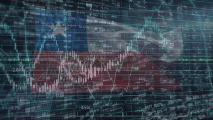 Animation of data processing and graphs over flag of chile on black background - Powered by Adobe