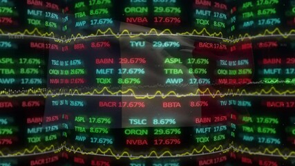 Animation of data processing and graphs over flag of france on black background - Powered by Adobe
