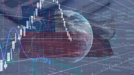 Animation of data processing, globe and graphs over flag of chile on black background - Powered by Adobe