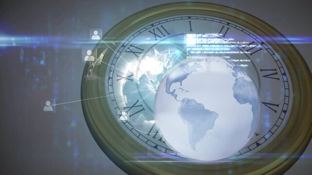 Animation of globe and data processing over clock and global network of connections on world map