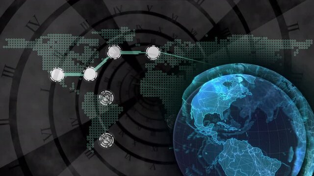 Animation of globe and network on world map with data processing over rotating spiral