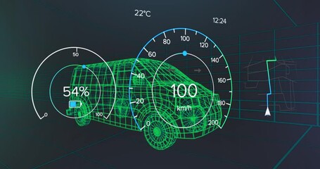Animation of speedometer, gps and charge status data on vehicle interface, over 3d van model - Powered by Adobe