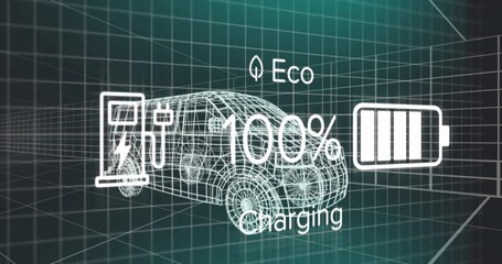 Animation of charge status data on electric vehicle interface, over 3d van model - Powered by Adobe