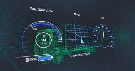 Animation of speedometer, gps and charge status data on vehicle interface, over 3d truck model - Powered by Adobe