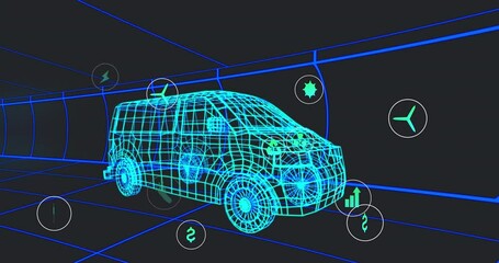 Animation of icons processing status data over 3d van model moving on black background - Powered by Adobe