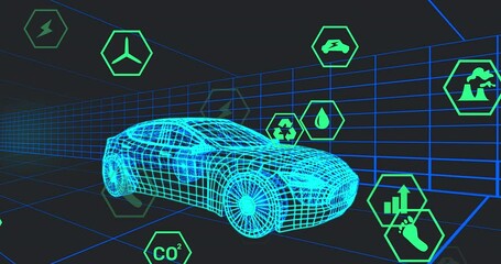 Animation of icons processing status data over 3d car model moving on black background - Powered by Adobe