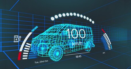 Animation of speedometer, gps and charge status data on vehicle interface, over 3d van model - Powered by Adobe