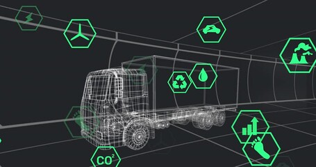 Animation of icons processing status data over 3d truck model moving on black background - Powered by Adobe