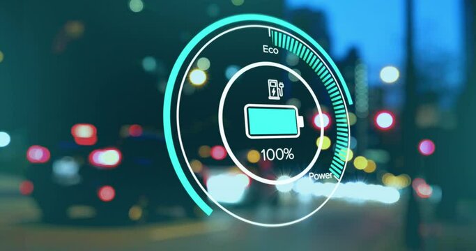 Animation of changing charge status data on electric vehicle interface, over city at night