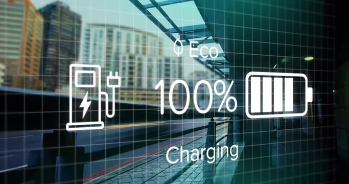 Animation of charge status data on electric vehicle interface, over sped up train passing station