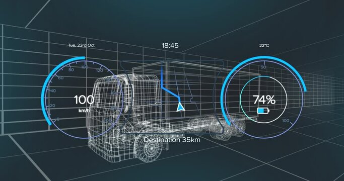 Animation of speedometer, gps and charge status data on vehicle interface, over 3d truck model