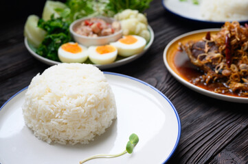 Fresh Boiled Shrimp paste sauce with vegetables in plate