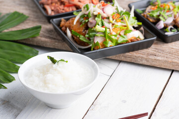 Mush or boiled rice in bowl asian food style