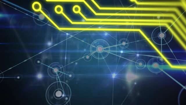 Animation of computer circuit board and network of connections