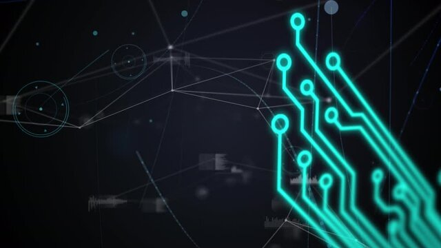 Animation of computer circuit board and network of connections