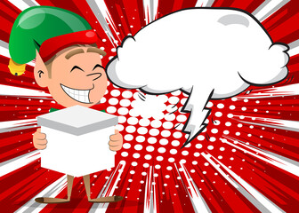 Christmas Elf holding white box. Vector cartoon character illustration of Santa Claus's little worker, helper.