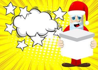 Santa Claus in his red clothes with white beard holding white box. Vector cartoon character illustration.