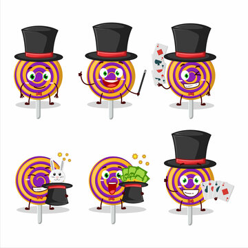 A spiral sweet candy Magician cartoon character perform on a stage