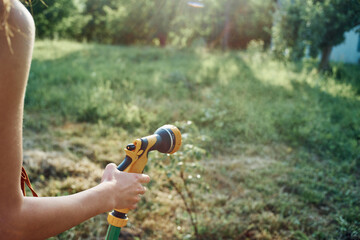 woman watering tree in garden countryside summer agriculture