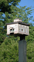 Wooden bird house on tall post near Saratoga Springs, NY