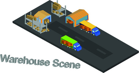 vector isometric 3d warehouse scene with cars and loads of goods ready to be carried