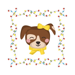 Fototapeta premium Cute dog or puppy with bow and scarf in childish style with frame made of festive garlands with lights. Funny pet with happy face. Vector flat illustration for holiday 