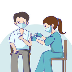 Woman doctor makes an injection of flu vaccine, medicine to a man. Vaccination, immunization, disease prevention concept. Healthcare cartoon character design vector illustration