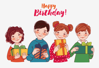 Smiling kids with presents. Happy Birthday vector illustration. Cute boy and girls
