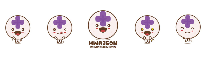 hwajeon cartoon mascot, korean traditional flower cake illustration, with different facial expressions and poses