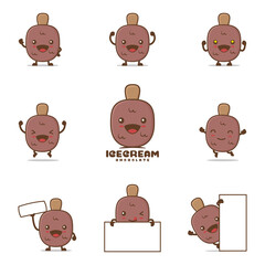 Chocolate ice cream cartoon mascot illustration, with happy facial expressions and different poses