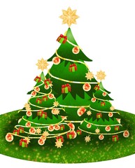 Three christmas tree are decorated  by hanging gift boxes, stars, balls and top by a big gold star on the green ground isolated on white background