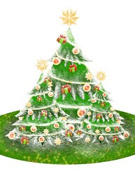 Snow on three christmas tree are decorated  by hanging gift boxes, stars, balls and top by a big gold star on the green ground with snow isolated on white background