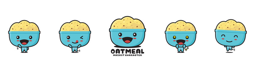 oatmeal cartoon mascot illustration in bowl, with different facial expressions and poses