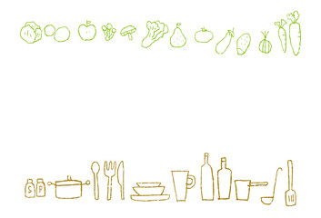 Obraz premium 野菜と調理道具の手描きの線画_黄緑とベージュ色