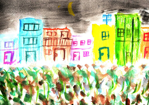 Hand drawing of hometown and painting with watercolor,Nitght time