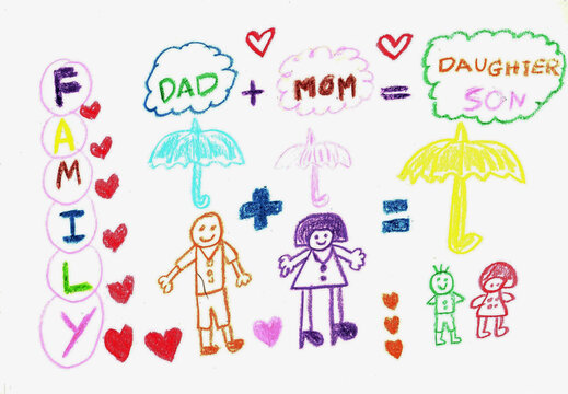  Hand drawing of family with crayon,in cartoon character,