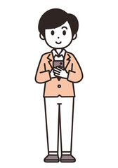 両手で持ったスマホを見ている若いスーツの女性のイラスト素材