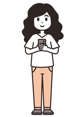 両手で持ったスマホを見ている若い女性のイラスト素材
