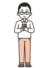 両手で持ったスマホを見ている若い男性のイラスト素材