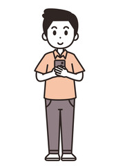 両手で持ったスマホを見ている若い男性のイラスト素材