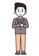 両手で持ったスマホを見ている若いスーツの男性のイラスト素材