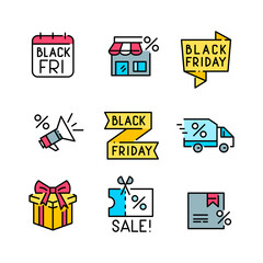 Black Friday sale annual shopping event. Discounted price tags, date in calendar and delivery fun colorful icons. Pixel perfect, editable stroke