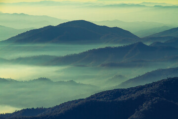 mountains in the fog