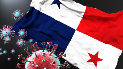 Panama and the covid pandemic - corona virus attacking national flag of Panama to symbolize the fight, struggle and the virus presence in this country, 3d illustration