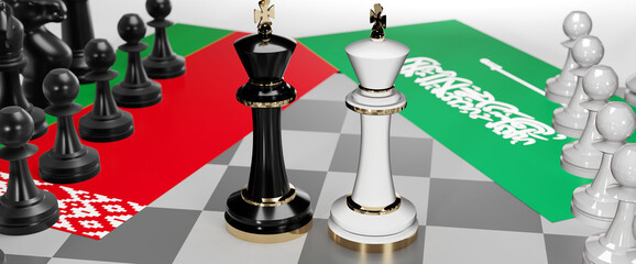 Belarus and Saudi Arabia - talks, debate, dialog or a confrontation between those two countries shown as two chess kings with flags that symbolize art of meetings and negotiations, 3d illustration