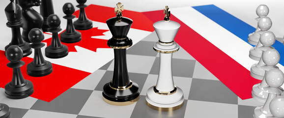 Canada and Netherlands - talks, debate, dialog or a confrontation between those two countries shown as two chess kings with flags that symbolize art of meetings and negotiations, 3d illustration